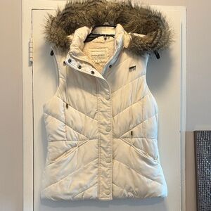 Banana Republic Cream Puffer Vest with Faux Fur Hood
